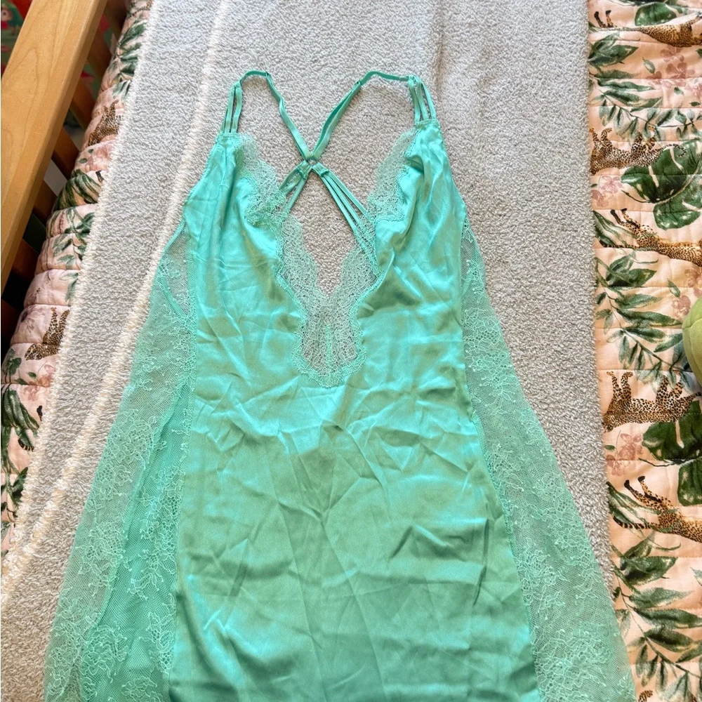 Victoria's Secret Aqua Satin Vintage Teddy Lingerie